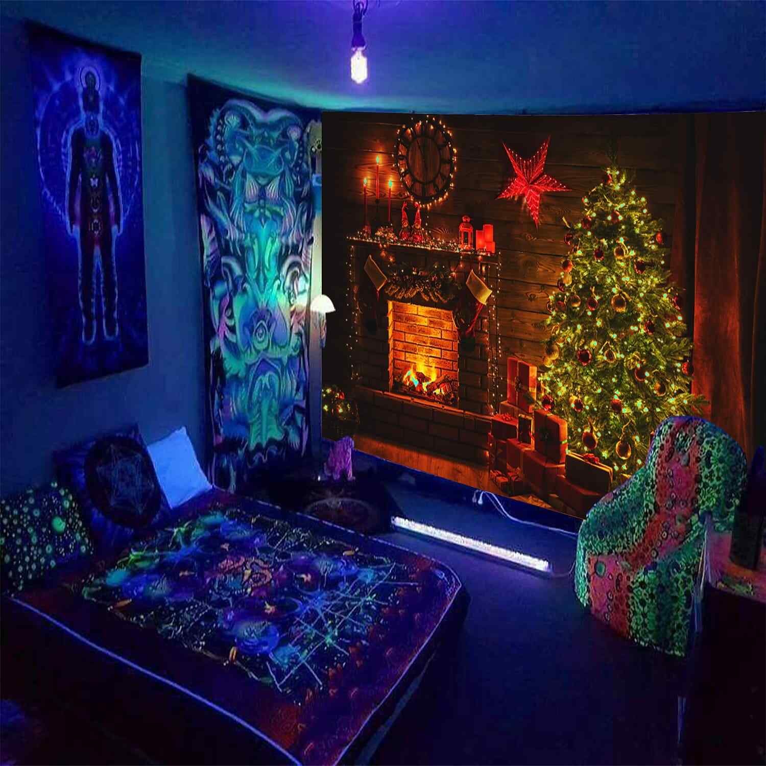 Christmas Blacklight UV Reactive Tapestry Dormitory Living Room Art Decoration