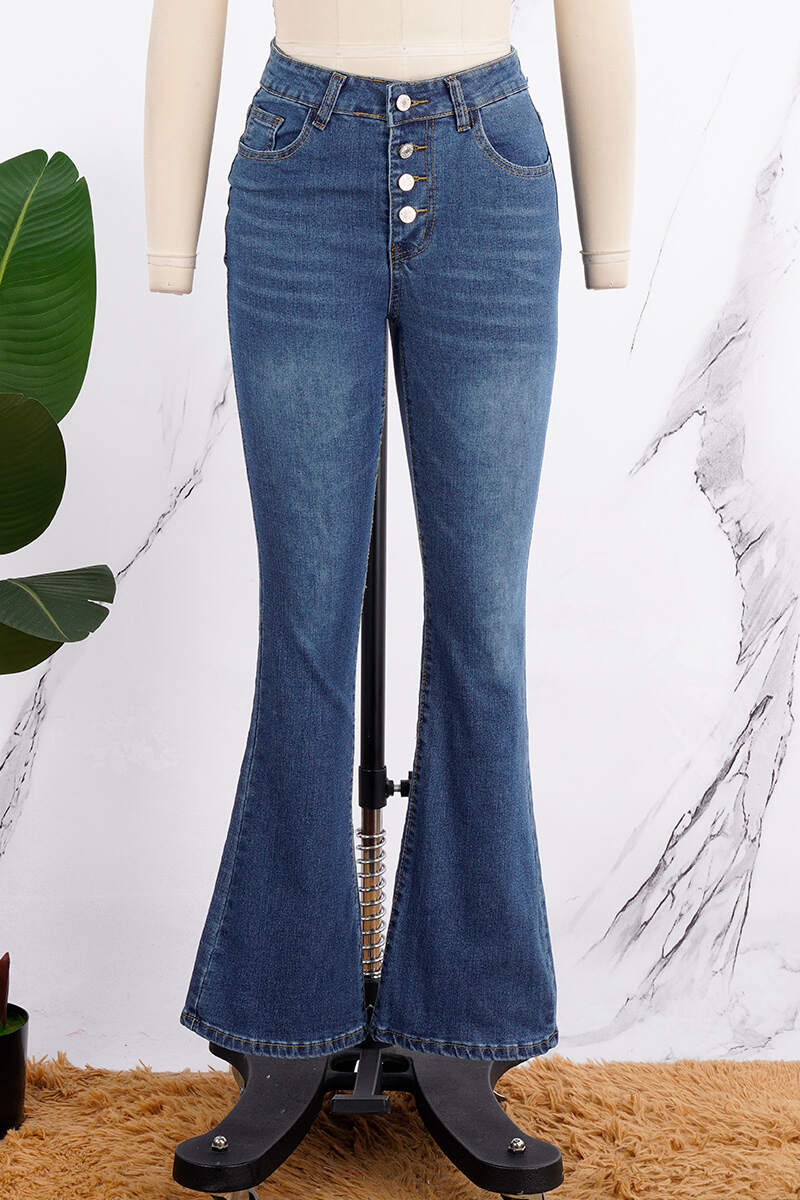 Deep Blue Casual Solid Buckle High Waist Regular Denim Jeans