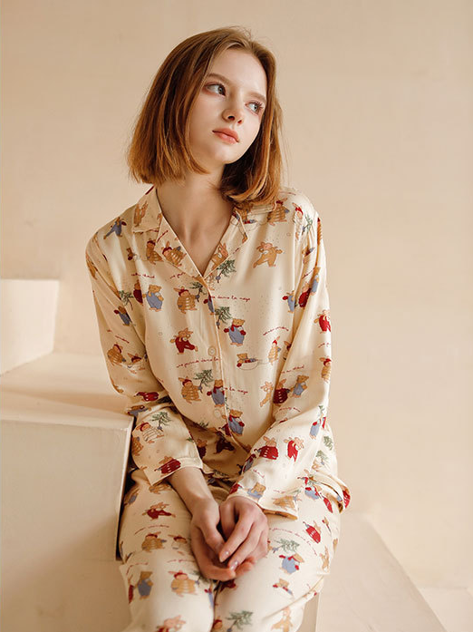 Vacation Loose Shawl Collar Rabbit Long Sleeve Pajama Set