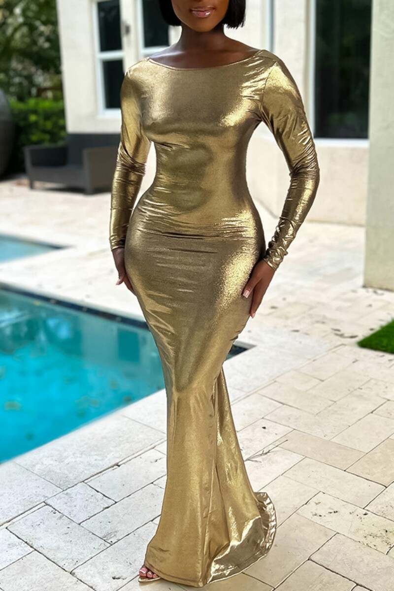 Gold Sexy Solid Backless O Neck Long Dress Dresses