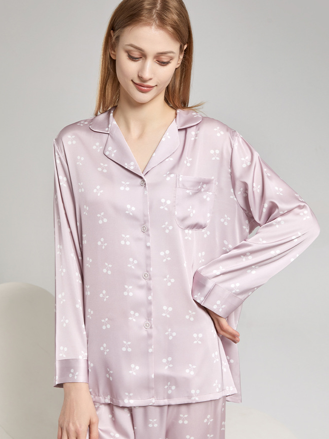 Elegant Ice Silk Floral V Neck Long Sleeve Pajama Set