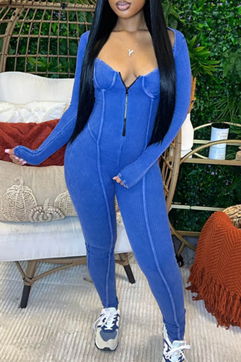 Blue Elegant Solid Patchwork Zipper Asymmetrical Collar Skinny Jumpsuits