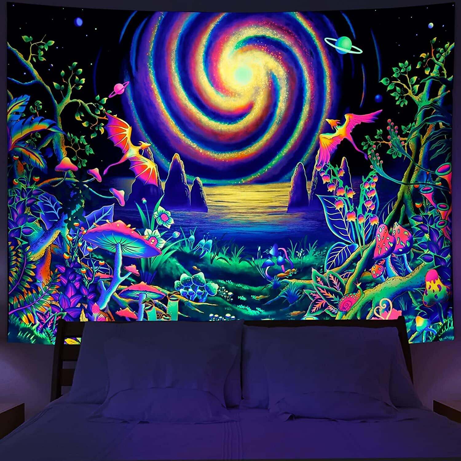 Blacklight Tapestry UV Reactive Trippy Wonderland Misty Mushroom Forest