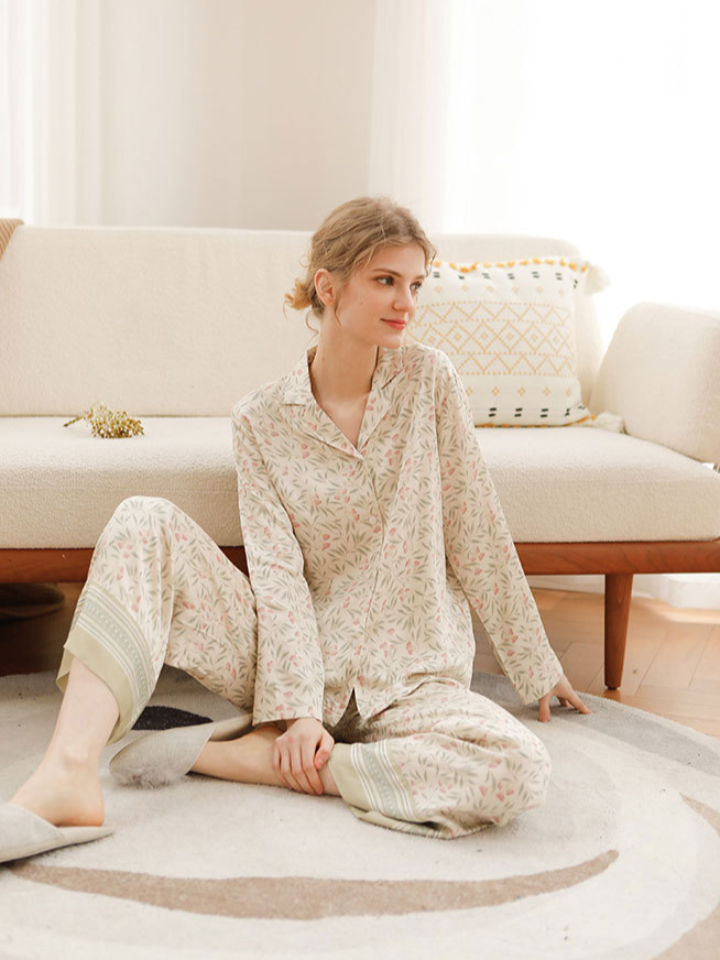 Loose V Neck Casual Floral Long Sleeve Pajama Set