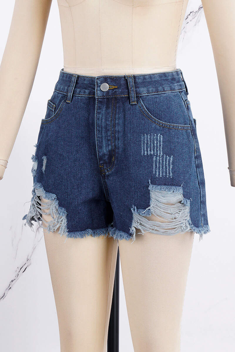 Deep Blue Casual Solid Ripped High Waist Regular Denim Shorts