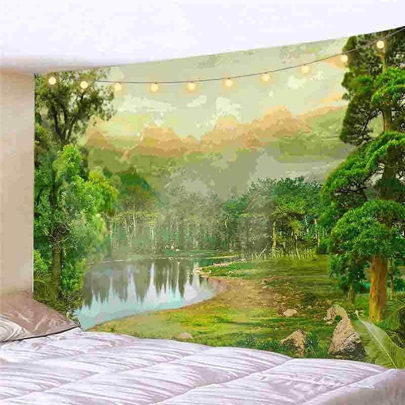 Landscape LED Lights Wall Tapestry Art Decor Forest Sunshine Waterfall Print