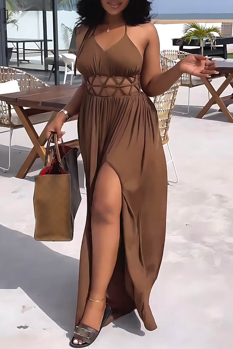 Brown Sexy Casual Solid Bandage Hollowed Out Backless Spaghetti Strap Long Dress Dresses