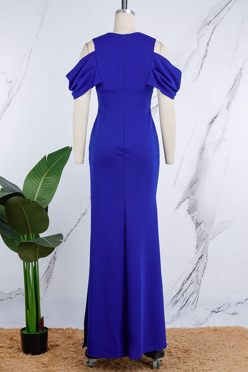 Blue Sexy Formal Solid Slit V Neck Evening Dress Dresses