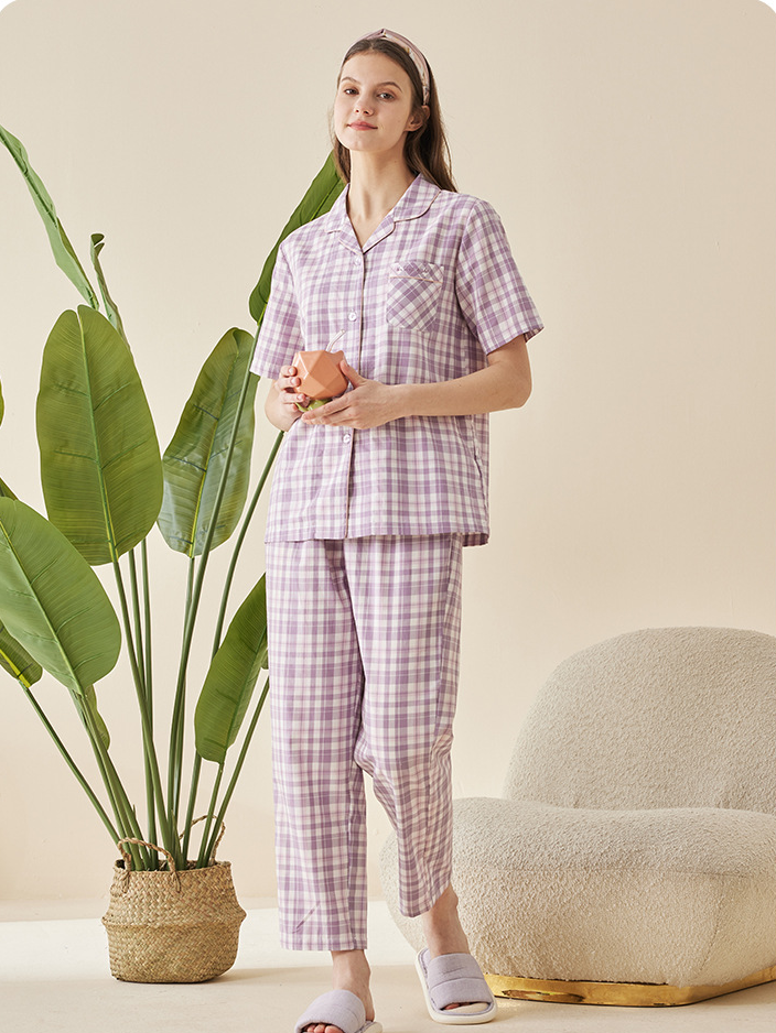 Plaid Cotton Casual V Neck Short Sleeve Couple Pajama Set