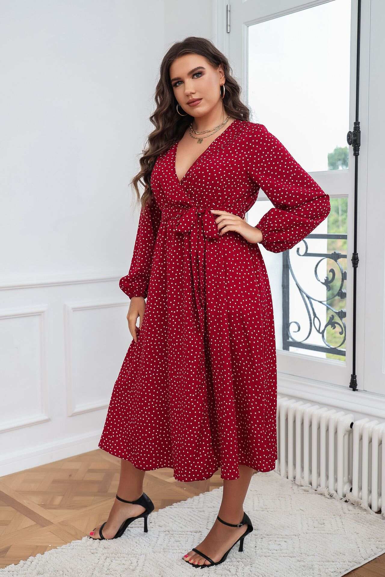 Cotton plus size red polka dot dress