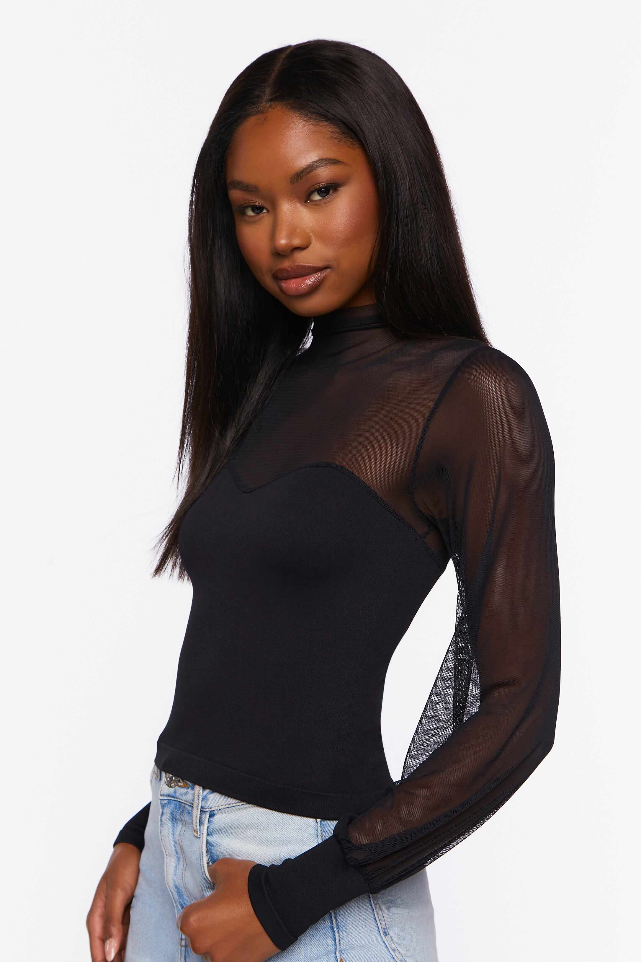 Women Apparel | Seamless Mesh Long-Sleeve Top Black Forever21 - WU45850