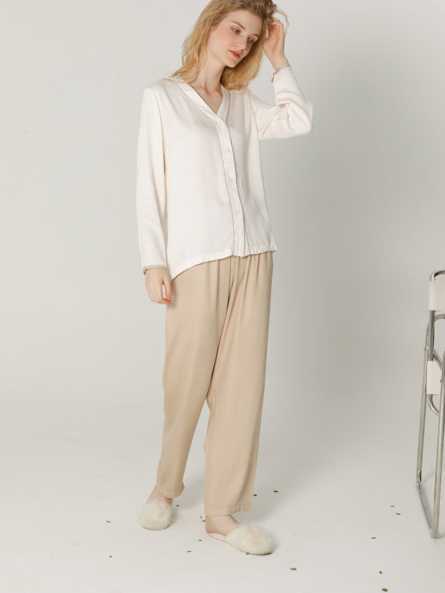 Satin Vacation Plain Loose Long Sleeve Pajama Set