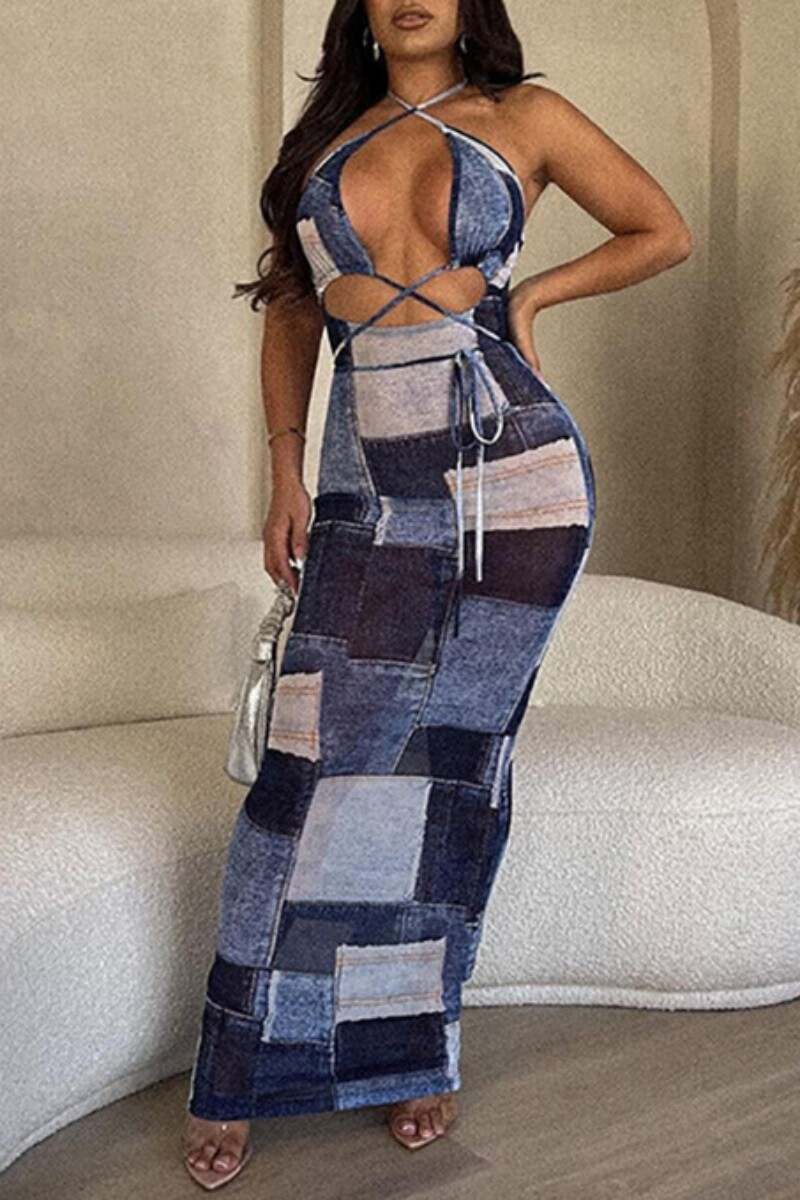 Blue Sexy Print Frenulum Backless Halter Long Dress Dresses