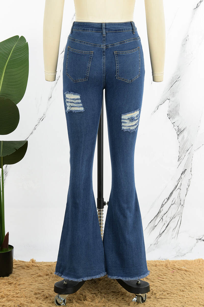 Dark Blue Casual Solid Ripped High Waist Boot Cut Denim Jeans