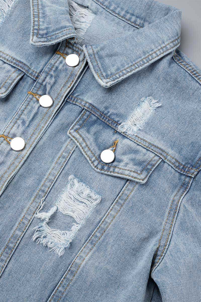 Blue Casual Solid Ripped Turndown Collar Long Sleeve Regular Denim Jacket