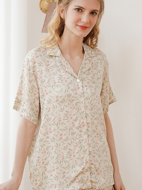 Loose V Neck Casual Floral Long Sleeve Pajama Set