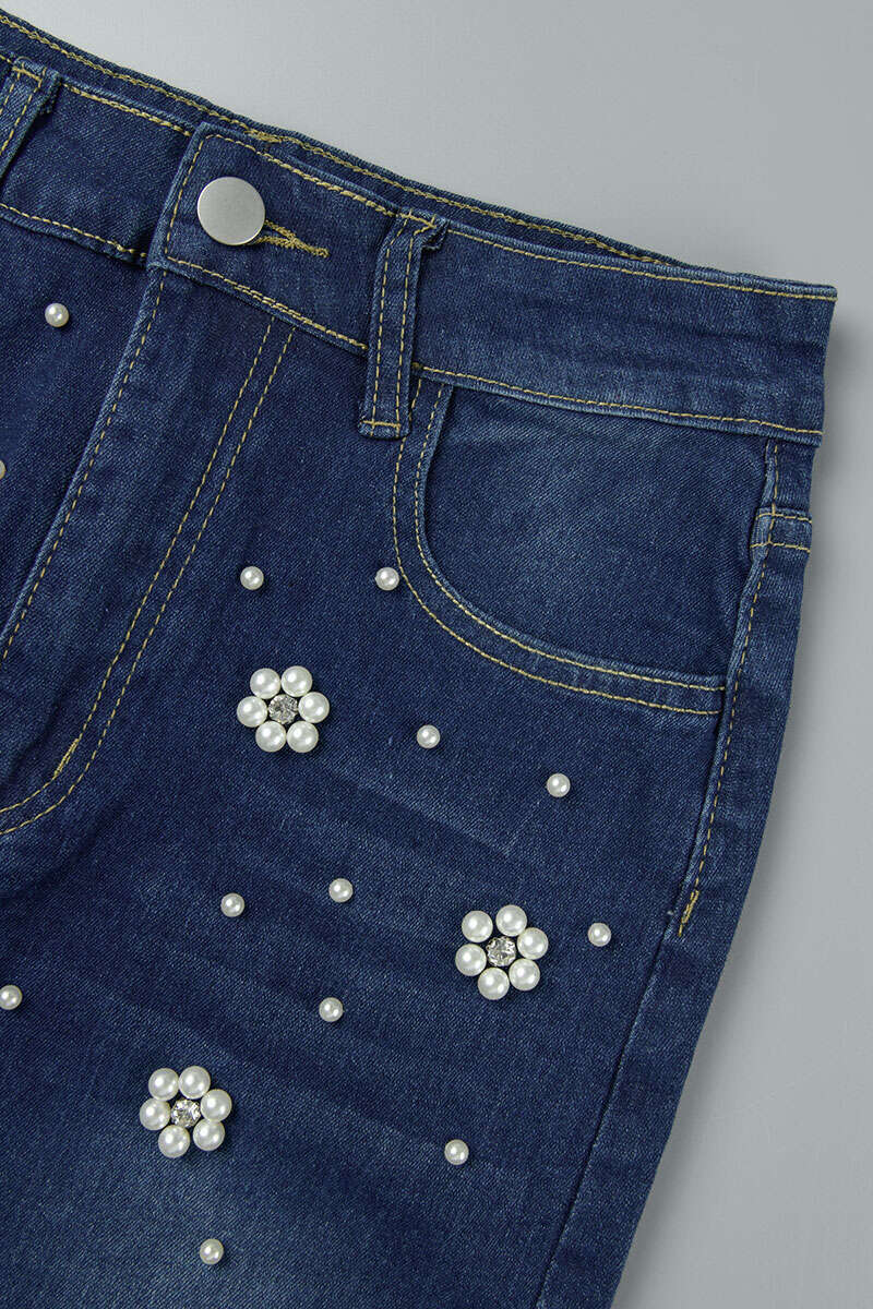 Dark Blue Casual Patchwork Pearl High Waist Regular Denim Skirts