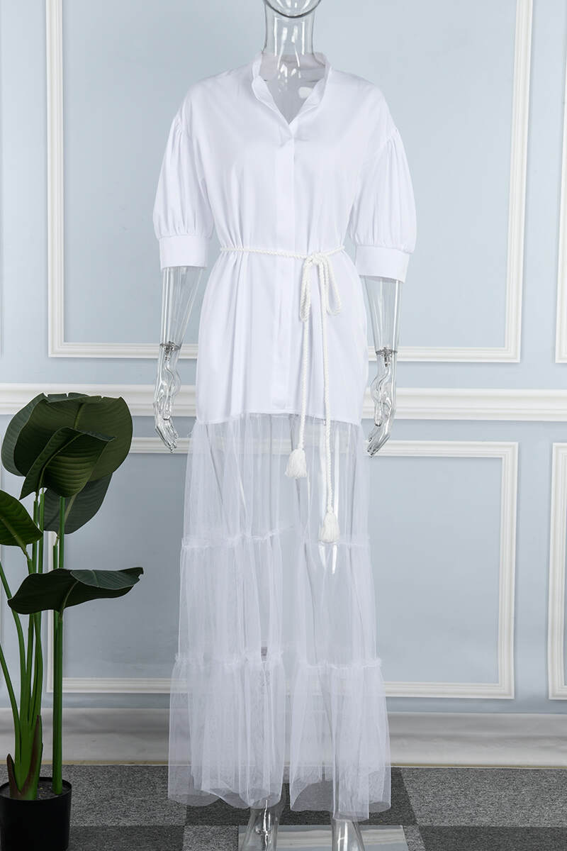 White Casual Solid Patchwork Turndown Collar Shirt Dress Dresses(With a belt)