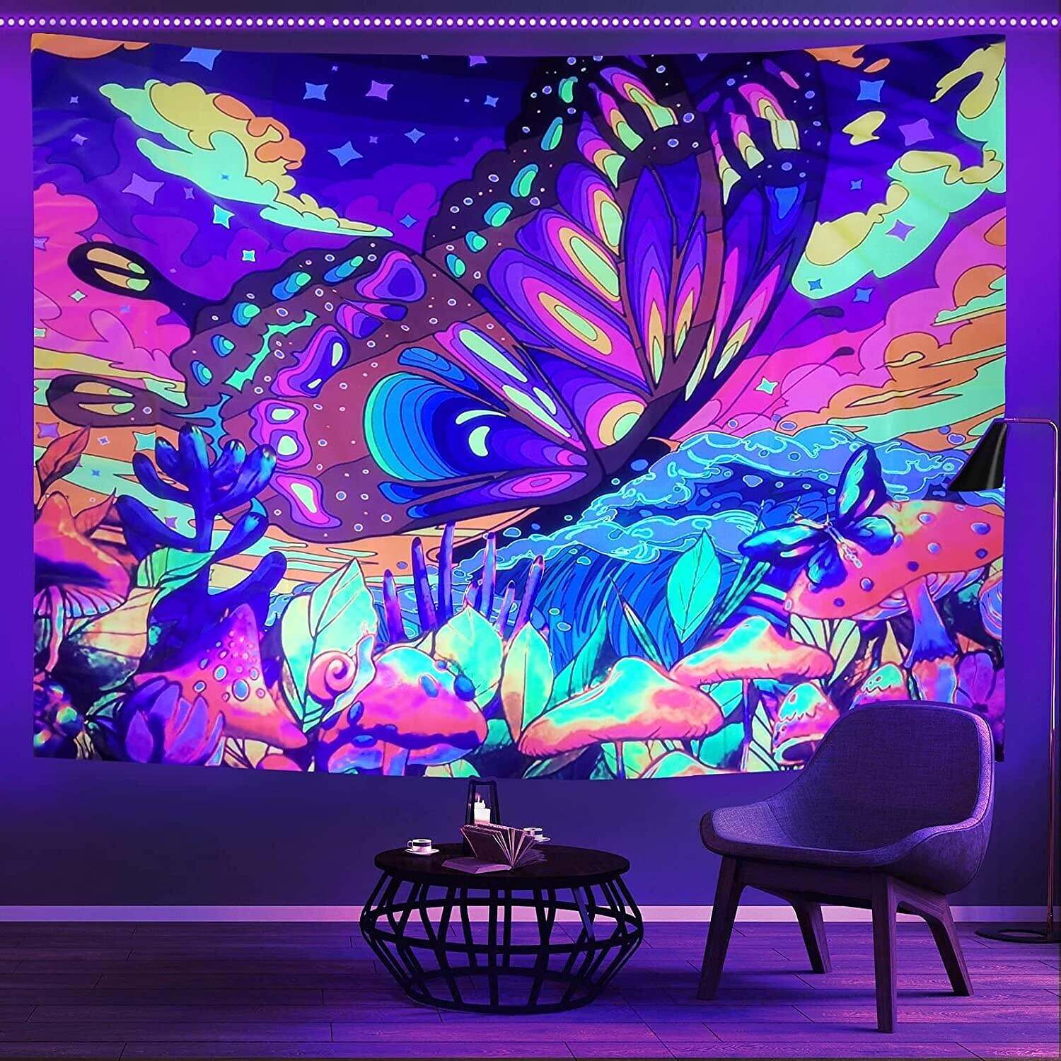 Blacklight Tapestry UV Reactive Trippy Butterfly Mushroom