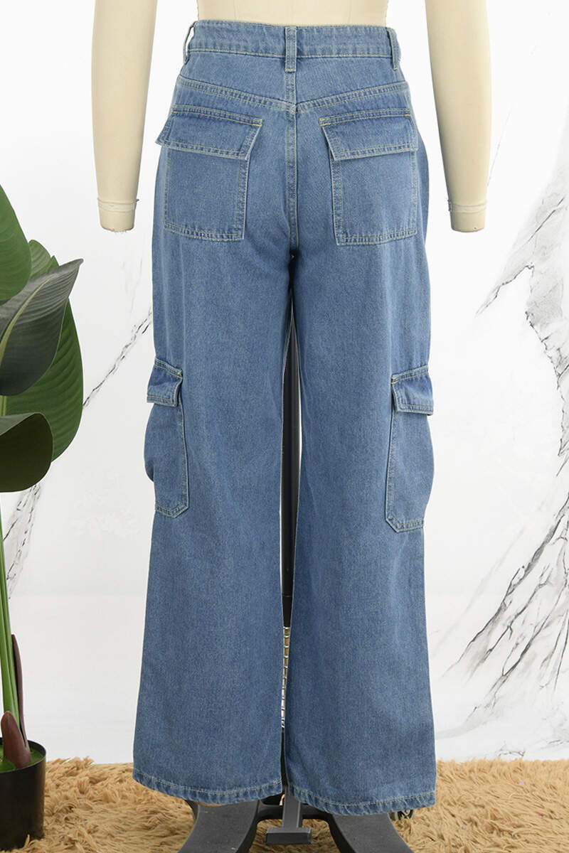 Blue Casual Solid Patchwork High Waist Straight Denim Jeans