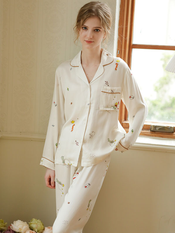 Shawl Collar Simple Star Regular Fit Long Sleeve Pajama Set