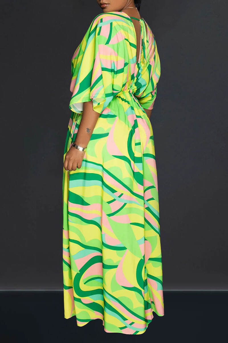 Green Casual Print Patchwork Slit V Neck Long Dress Dresses