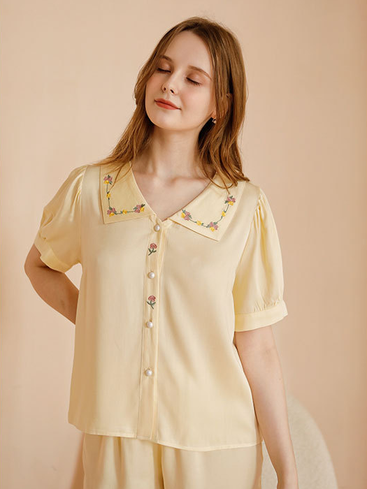 Loose Shawl Collar Vacation Plain Short Sleeve Pajama Set