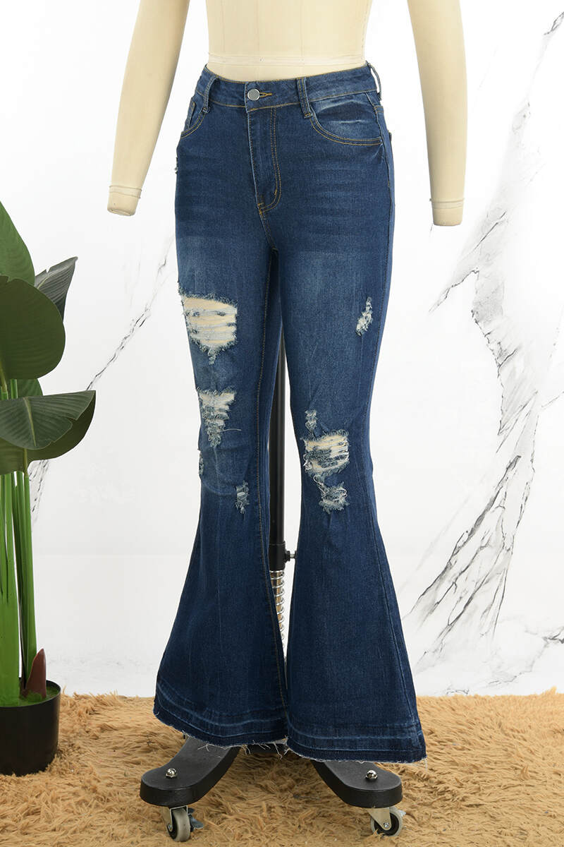 Deep Blue Casual Solid Ripped High Waist Boot Cut Denim Jeans