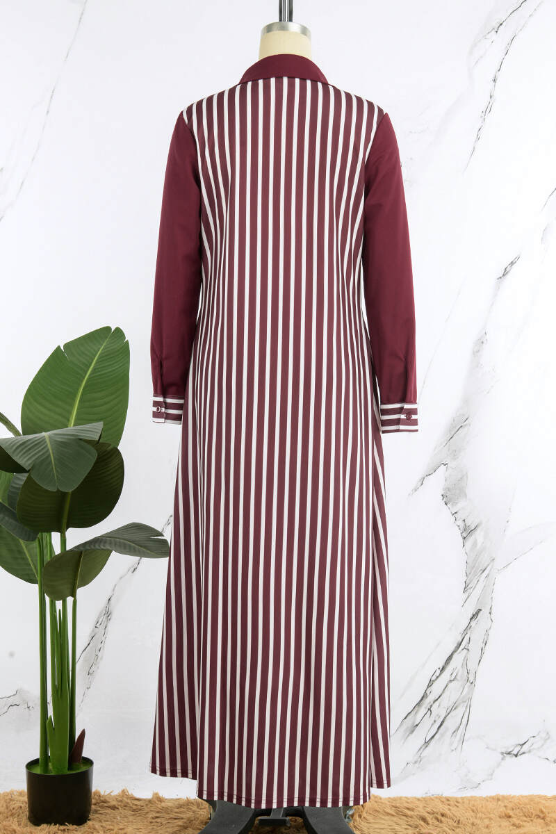 Red Casual Striped Print Patchwork Buckle Turndown Collar Shirt Dress Dresses