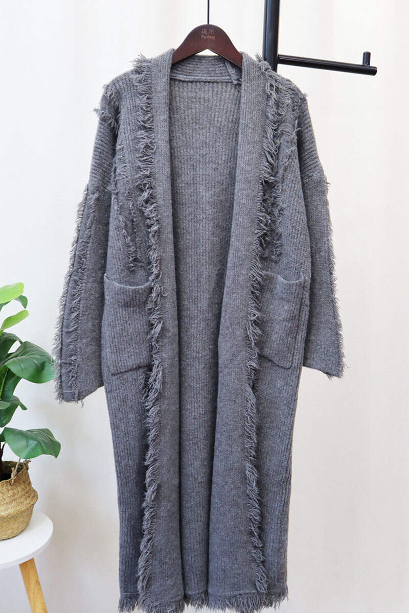 Grey Casual Solid Tassel Patchwork Pocket Cardigan Collar Outerwear