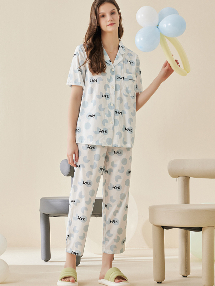 Cotton V Neck Simple Polka Dots Regular Sleeve Pajama Set