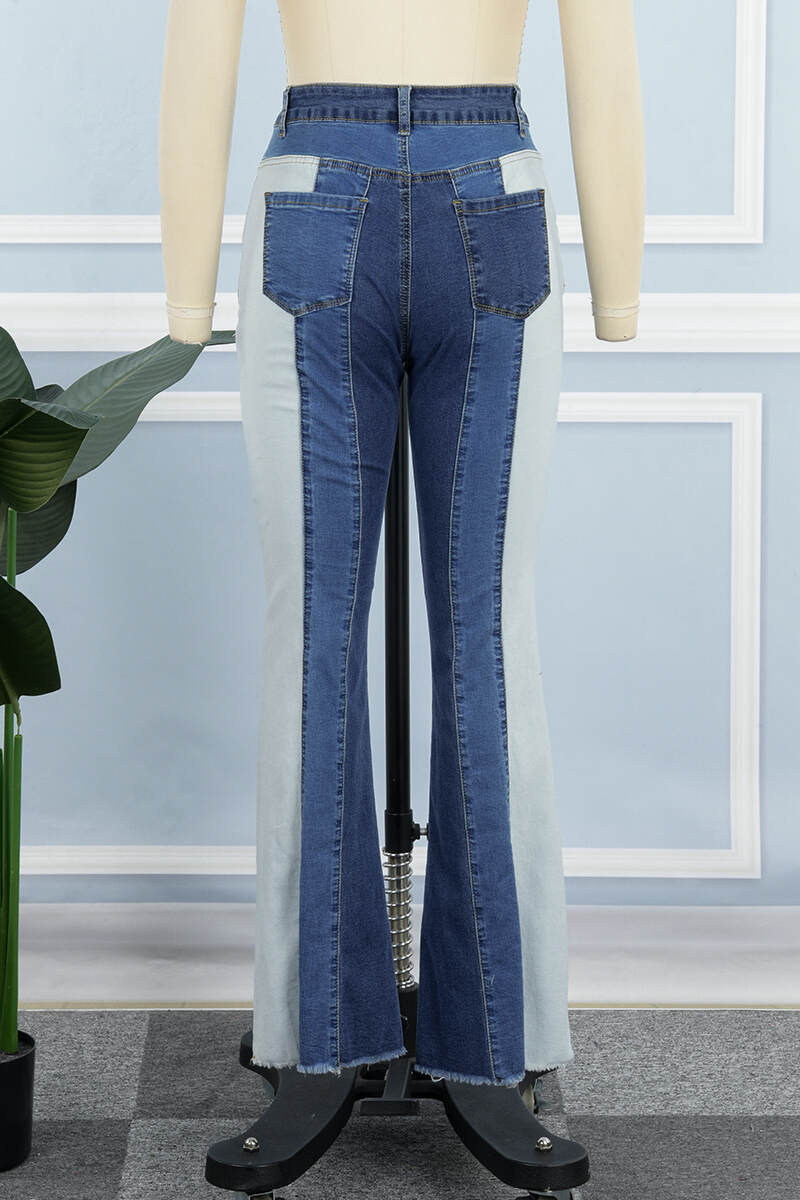 Blue Casual Patchwork Contrast High Waist Skinny Denim Jeans (Subject To The Actual Object)