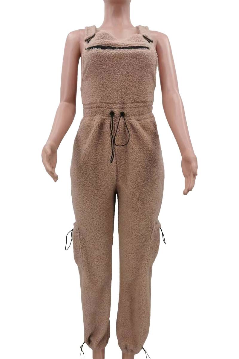 Brown Casual Solid Patchwork Spaghetti Strap Regular Jumpsuits (Without Tops)