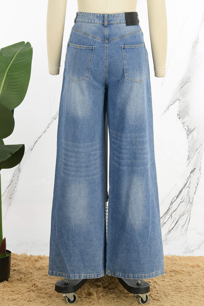 Blue Casual Patchwork Contrast High Waist Regular Denim Jeans