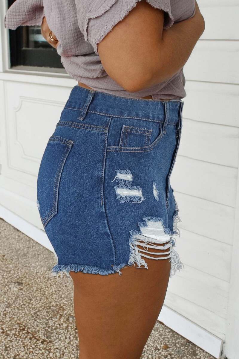 Deep Blue Casual Solid Ripped High Waist Regular Denim Shorts