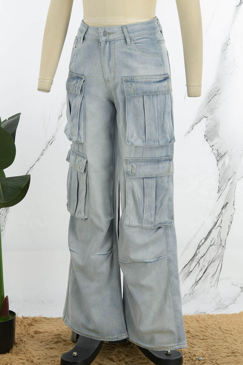 Blue Casual Solid Patchwork High Waist Regular Denim Jeans