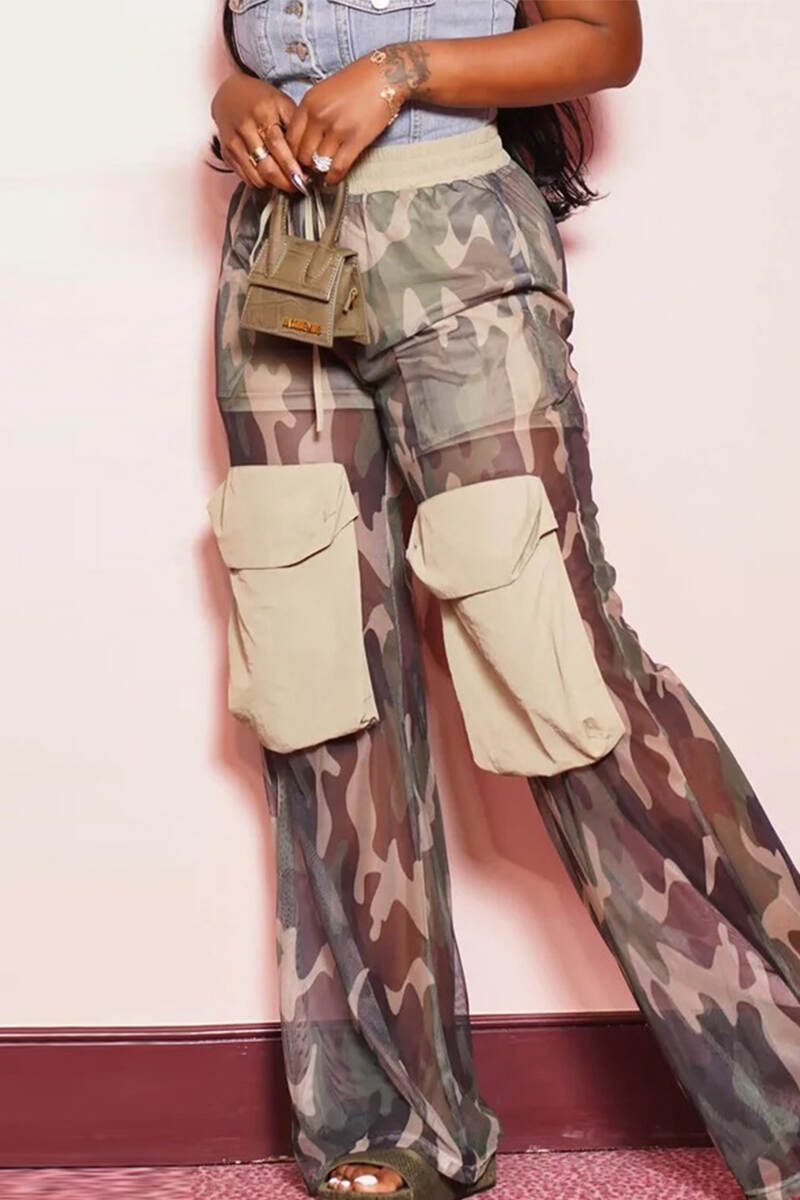 Camouflage Street Camouflage Print Patchwork Draw String Pocket Mesh Straight Mid Waist Straight Full Print Bottoms