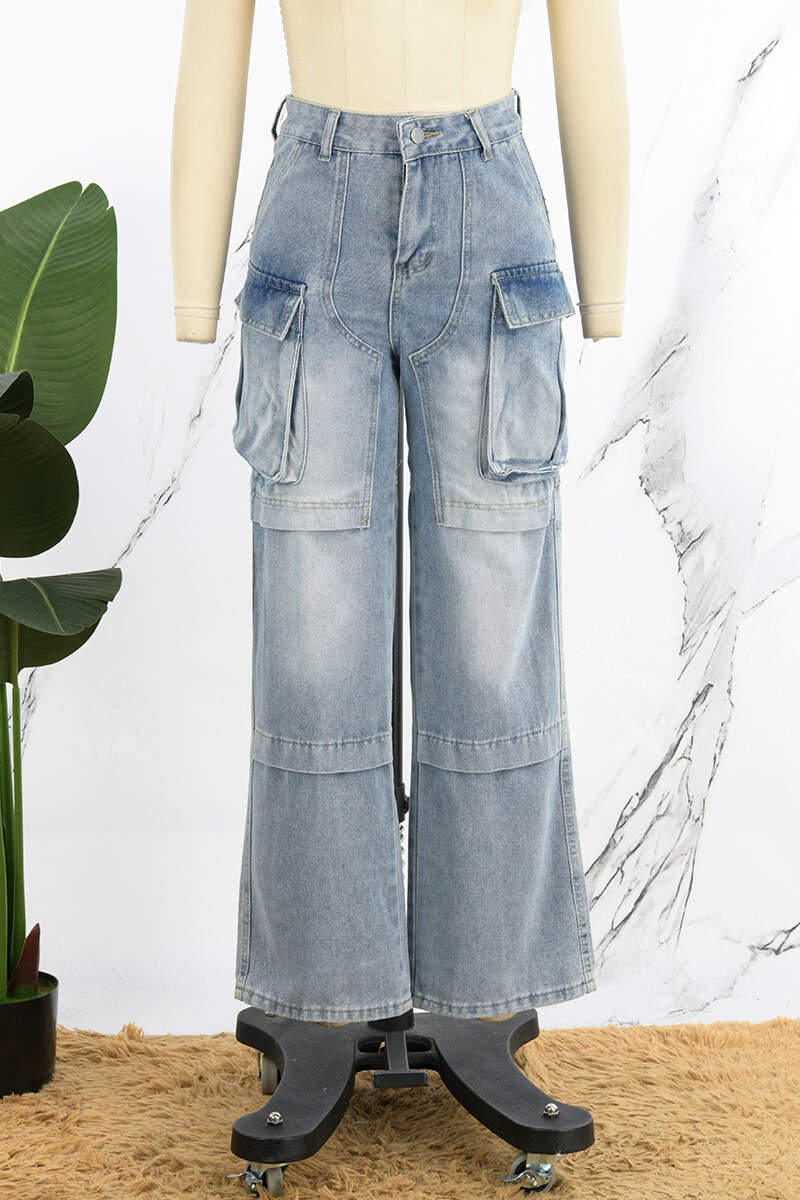 Blue Casual Solid Patchwork High Waist Regular Denim Jeans