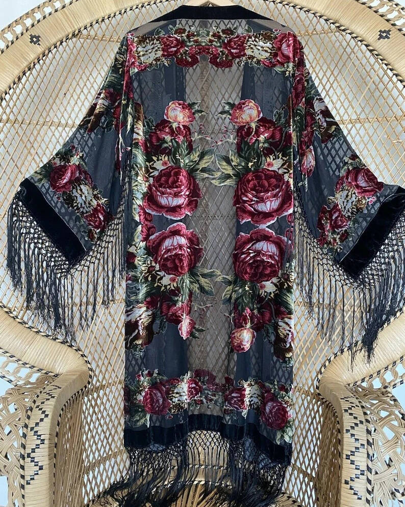 Kimono fringed velvet cardigan