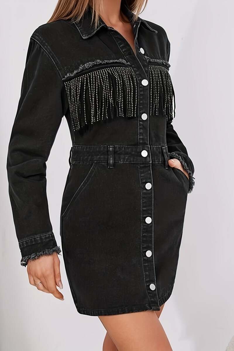 Black Casual Solid Tassel Patchwork Turndown Collar Long Sleeve High Waist Regular Denim Dresses