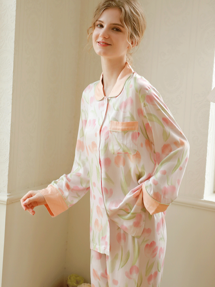 Floral Shawl Collar Simple Loose Long Sleeve Pajama Set