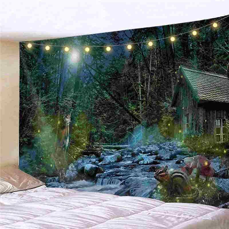 Landscape LED Lights Wall Tapestry Art Decor Waterfall Sunsetn Print