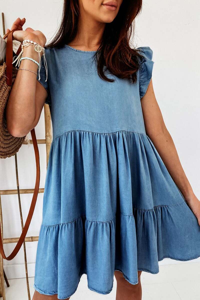 The cowboy blue Casual Solid Patchwork O Neck Sleeveless Regular Denim Dresses