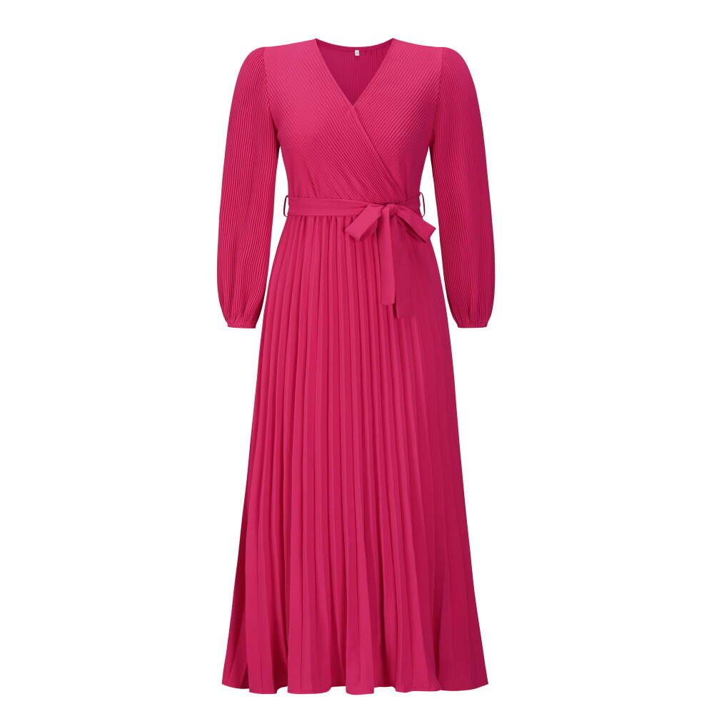 V-neck long-sleeved pleated A-line women's dress