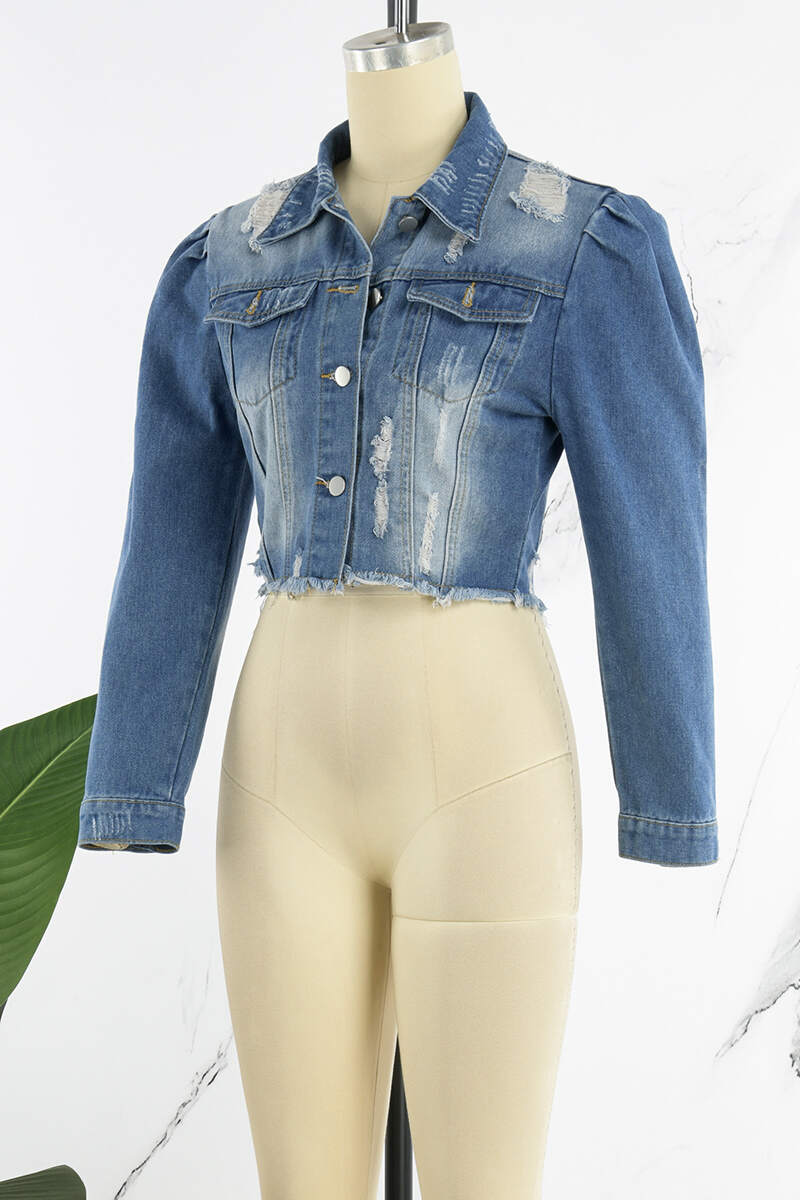 Blue Casual Solid Ripped Buckle Turndown Collar Long Sleeve Denim Jacket