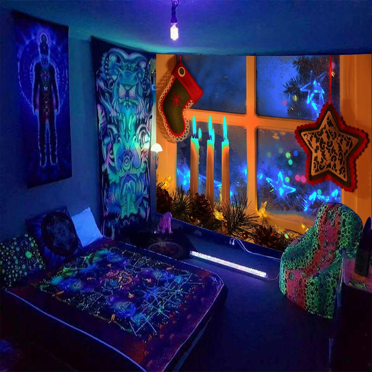 Christmas Blacklight UV Reactive Tapestry Dormitory Living Room Art Decoration