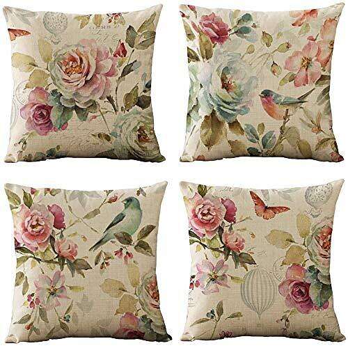 Vintage Floral Double Side Pillow Cover 4PC Soft Decorative Square Cushion Case Pillowcase for Bedroom Livingroom Sofa Couch Chair