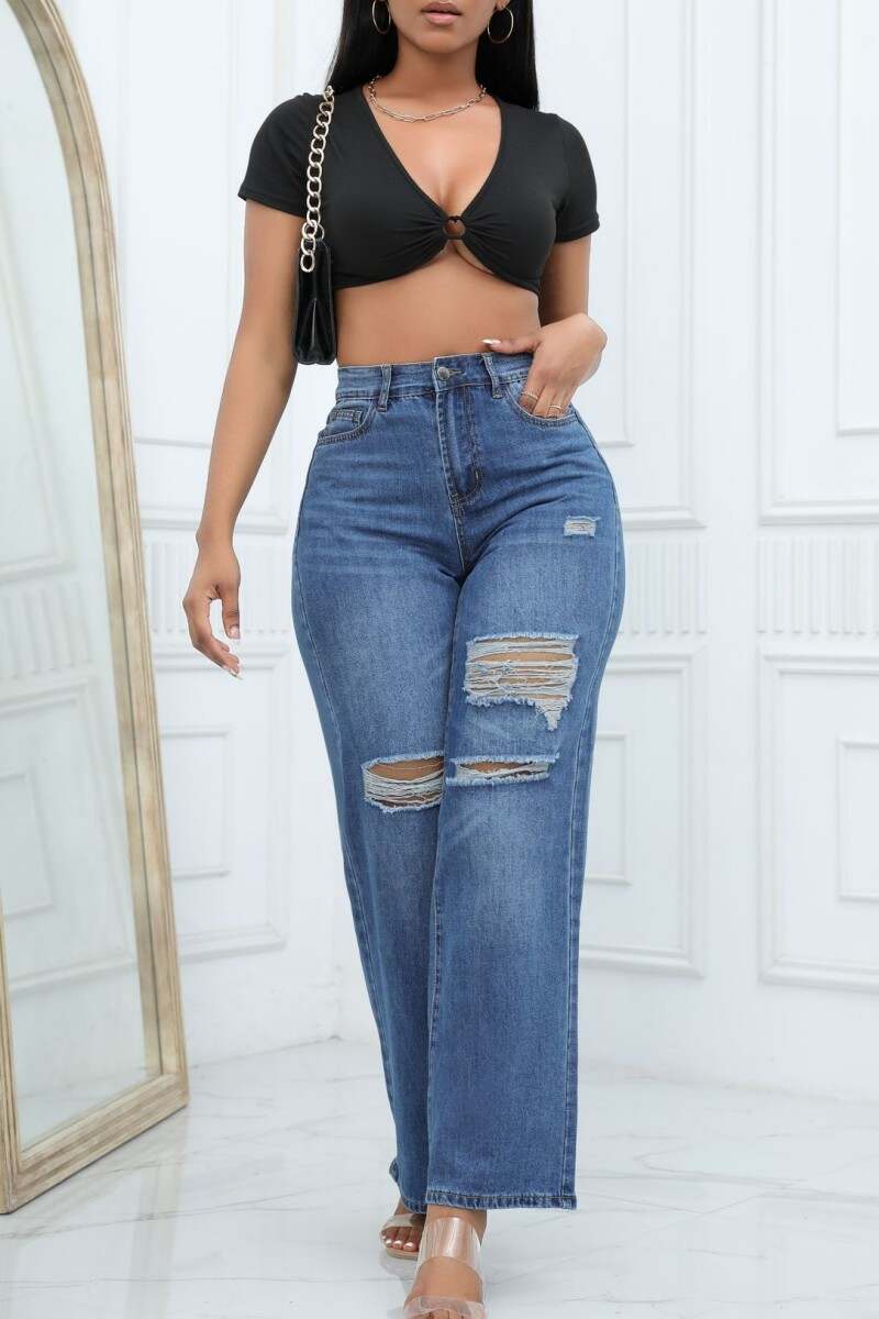 Light Blue Casual Solid Ripped Patchwork High Waist Straight Denim Jeans