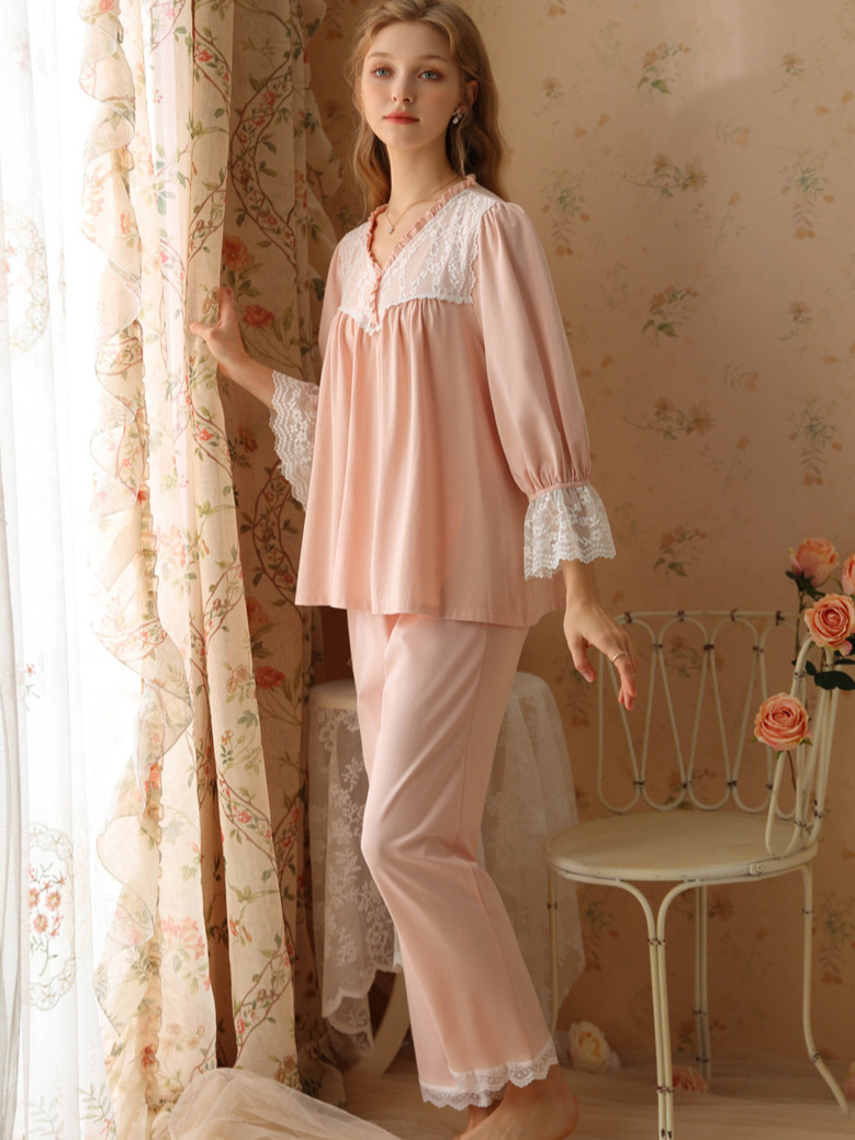 Lace Cotton V Neck Casual  Long Sleeve Pajama Set