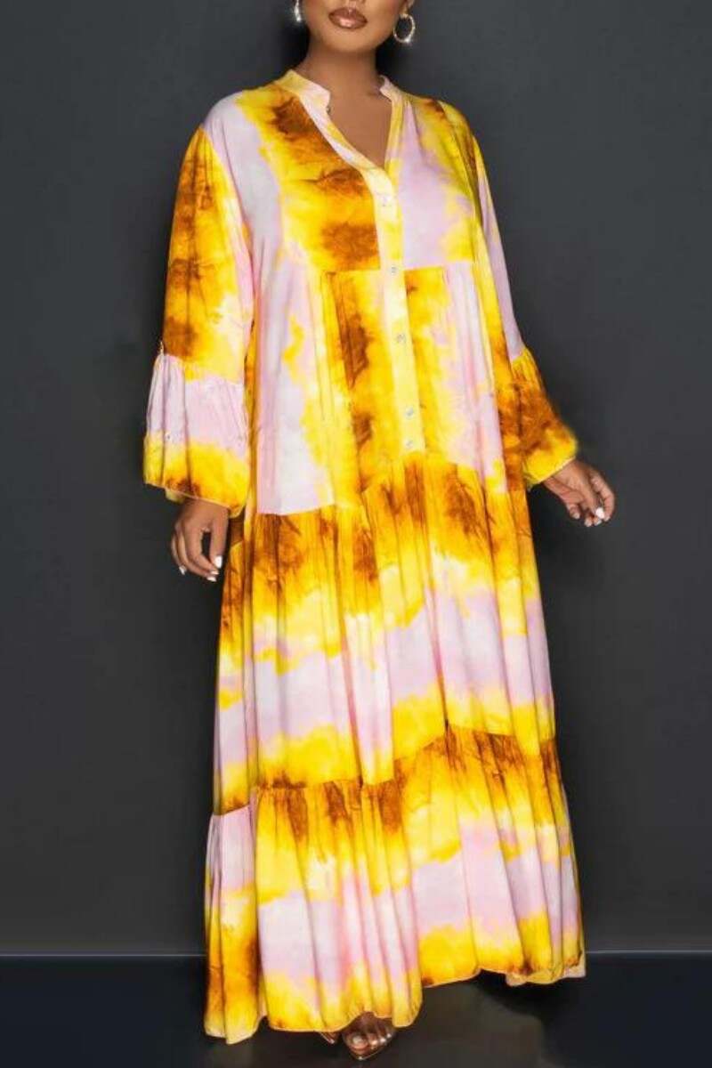 Yellow Casual Print Patchwork Shirt Collar Long Dress Dresses